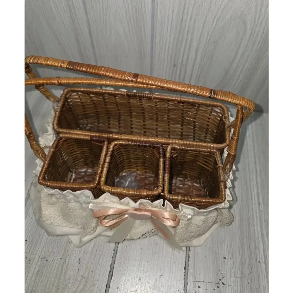 Vintage Wicker Basket Storage Caddy Silverware Picinic Organizer Heart Lace Bow